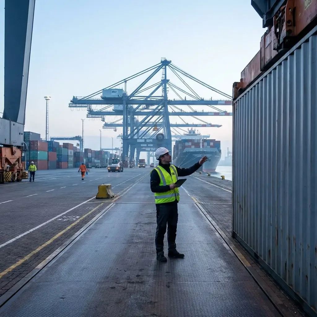 A dock worker wearing a safety vest and hard hat inspecting a shipping container at a busy port terminal.
